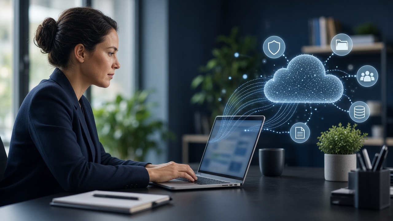 Employee using an AI assistant while business data moves across connected cloud applications