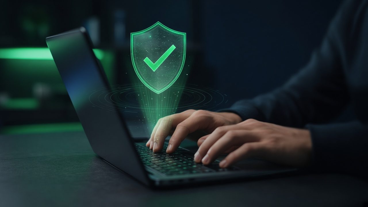 Hands typing on a laptop beside a green holographic interface with a checklist, documents, and a security shield