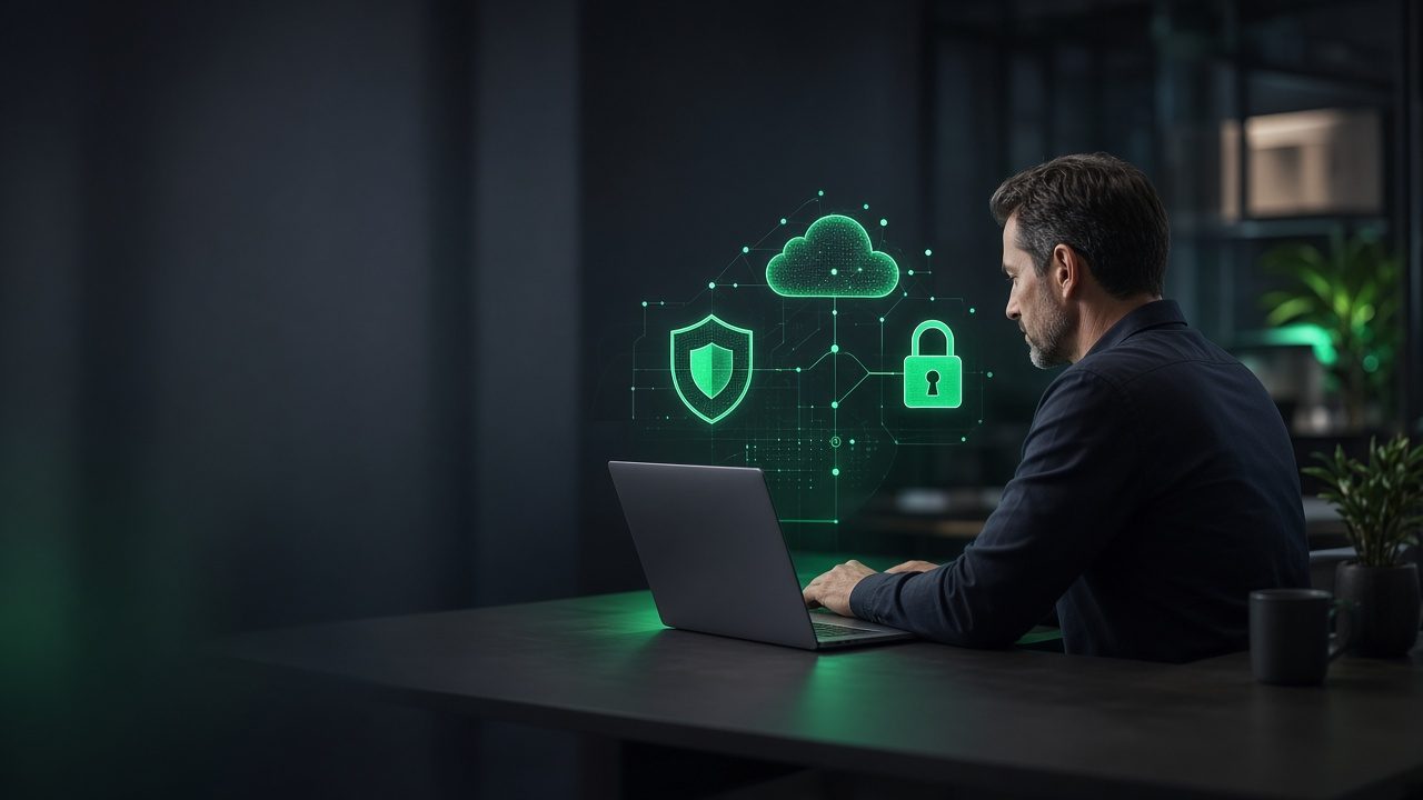 Hands on a laptop in a dark office, surrounded by green holographic icons for security, cloud, chat, and documents